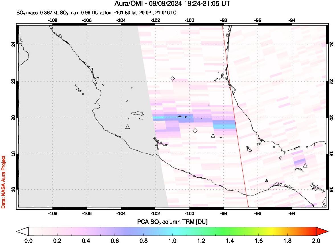 A sulfur dioxide image over Mexico on Sep 09, 2024.