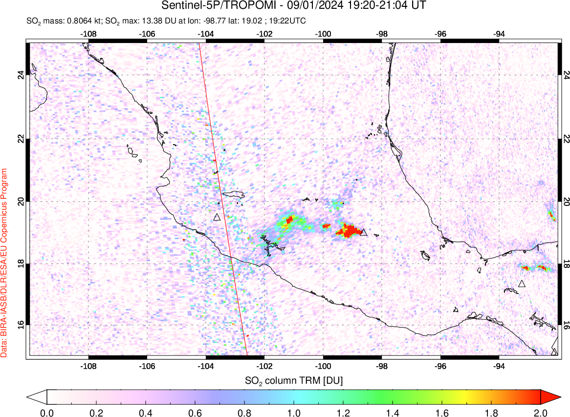 A sulfur dioxide image over Mexico on Sep 01, 2024.