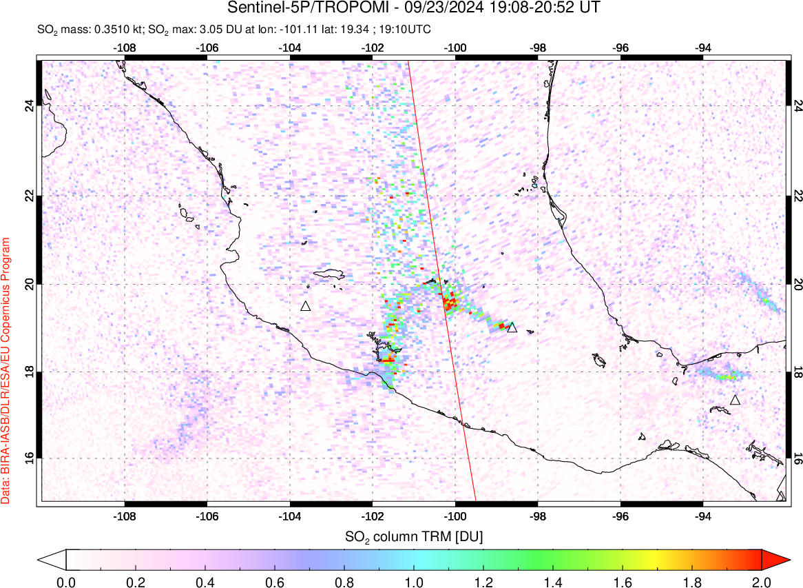 A sulfur dioxide image over Mexico on Sep 23, 2024.