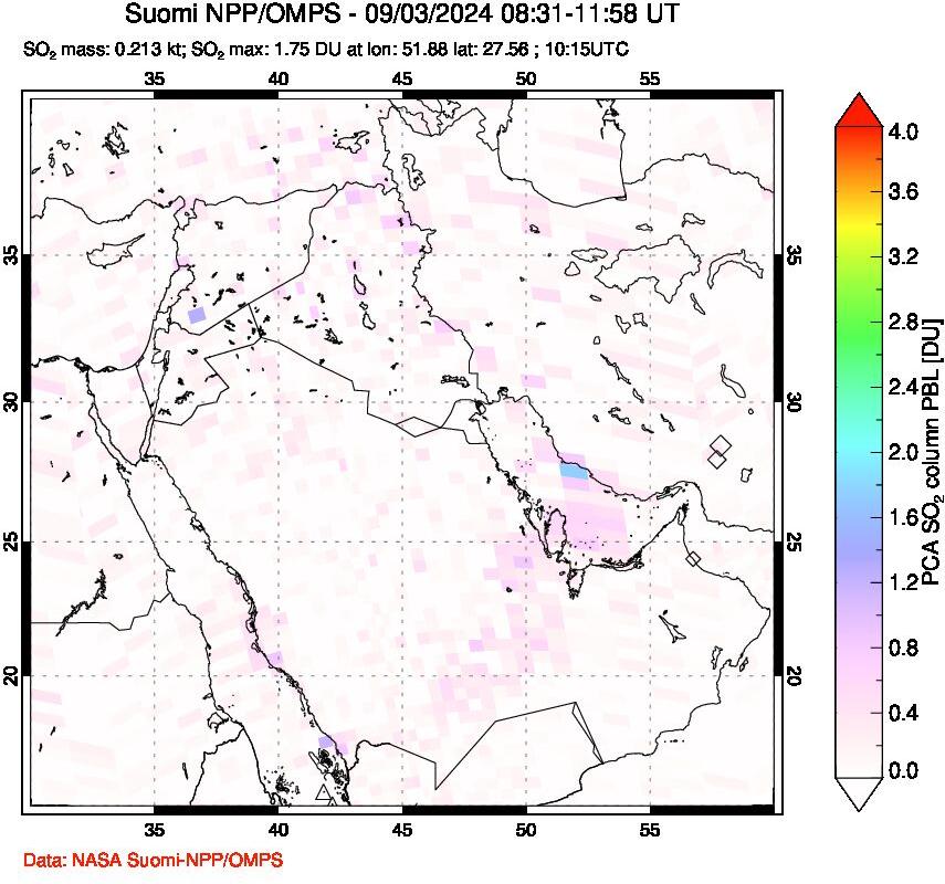 A sulfur dioxide image over Middle East on Sep 03, 2024.