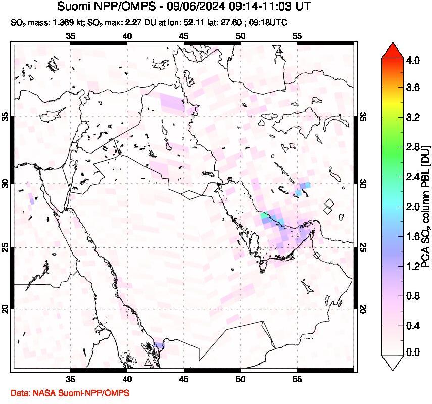 A sulfur dioxide image over Middle East on Sep 06, 2024.