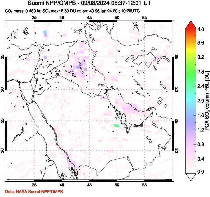 A sulfur dioxide image over Middle East on Sep 08, 2024.