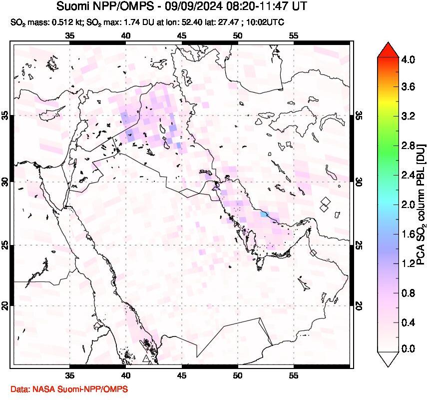 A sulfur dioxide image over Middle East on Sep 09, 2024.