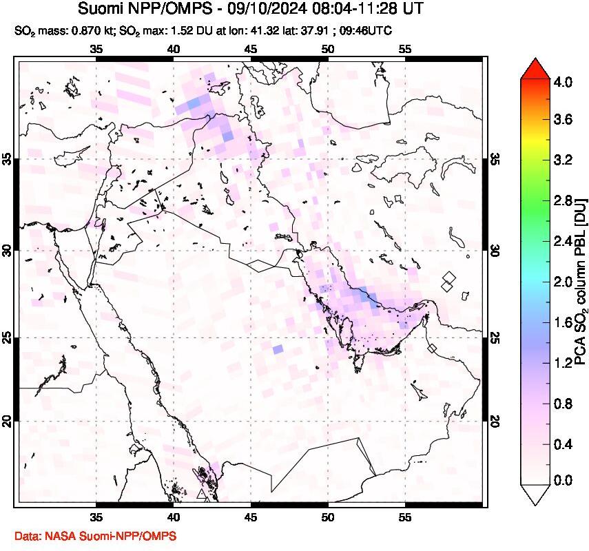 A sulfur dioxide image over Middle East on Sep 10, 2024.