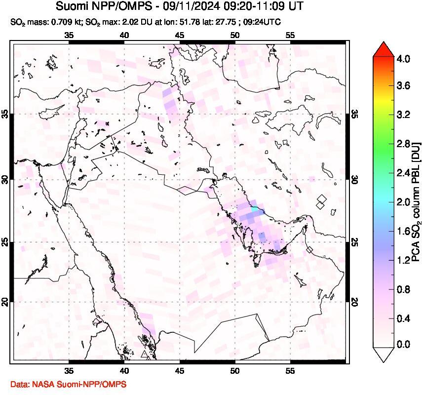 A sulfur dioxide image over Middle East on Sep 11, 2024.