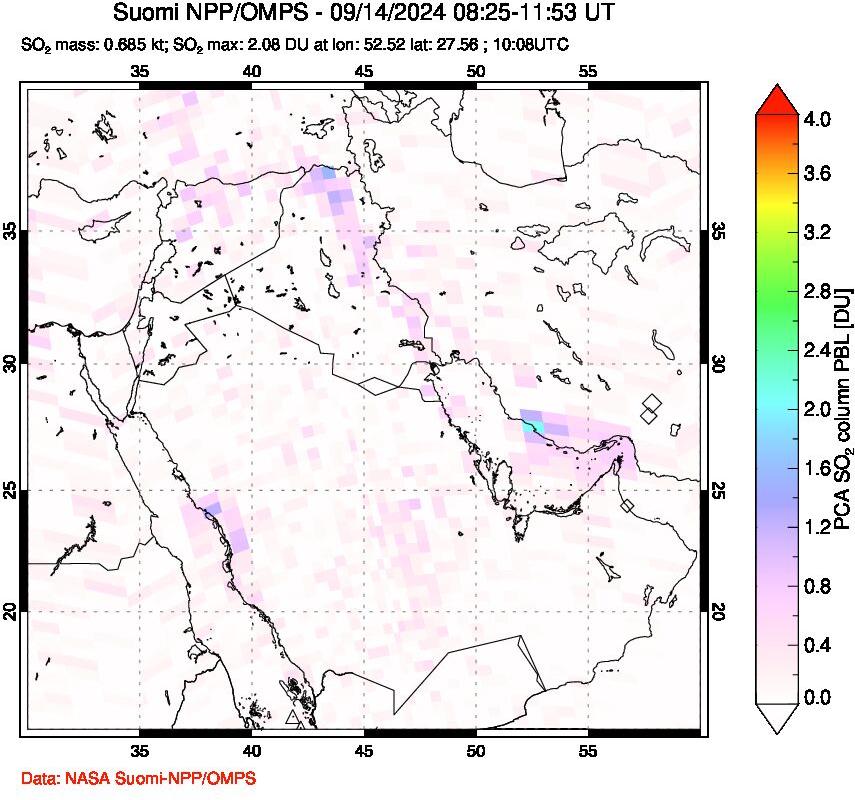 A sulfur dioxide image over Middle East on Sep 14, 2024.