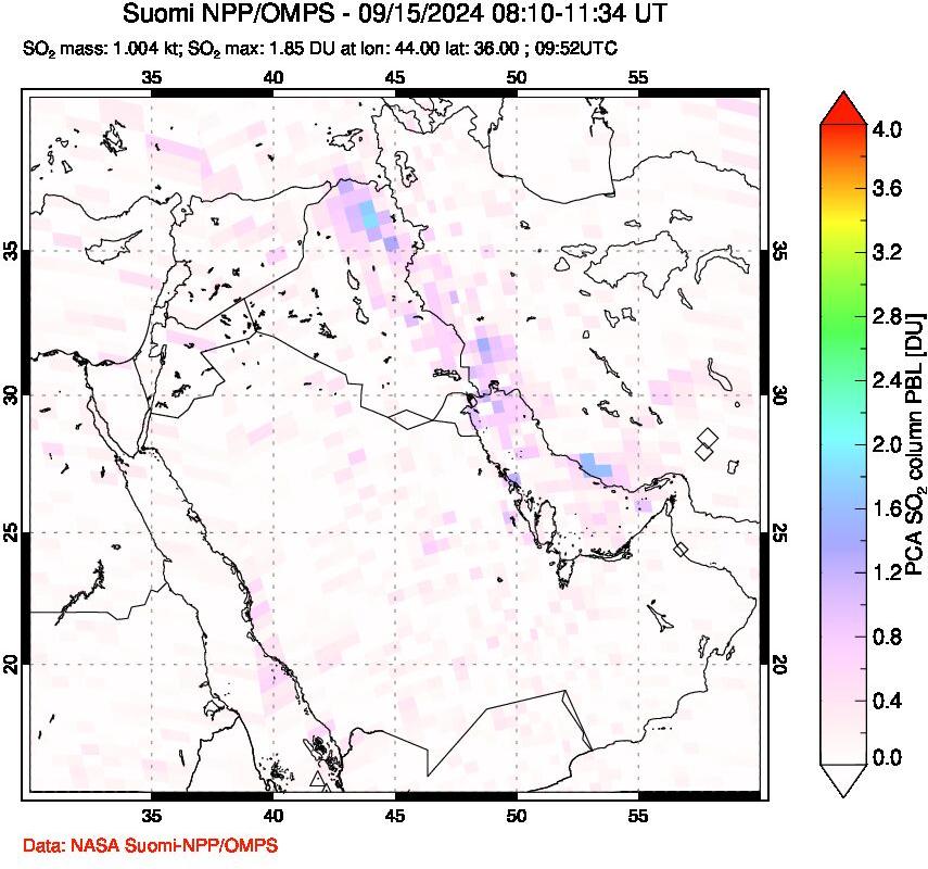 A sulfur dioxide image over Middle East on Sep 15, 2024.