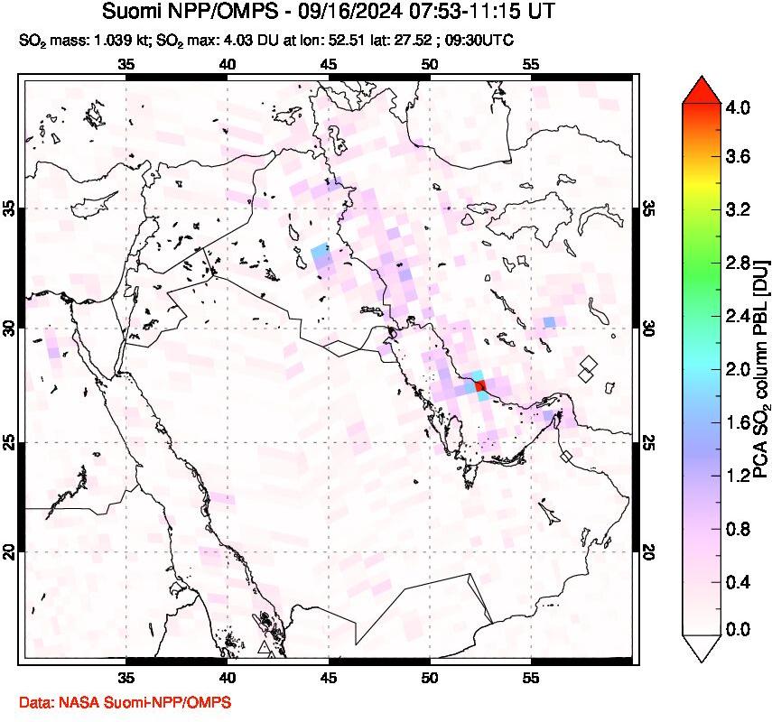 A sulfur dioxide image over Middle East on Sep 16, 2024.