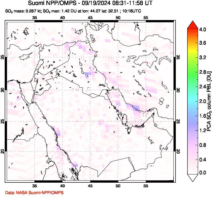 A sulfur dioxide image over Middle East on Sep 19, 2024.