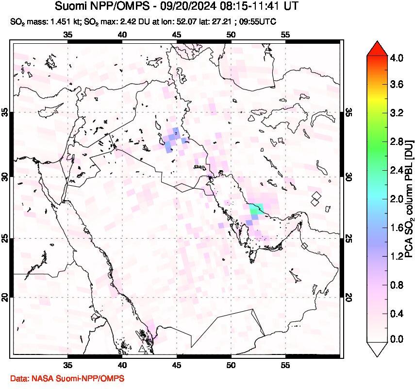 A sulfur dioxide image over Middle East on Sep 20, 2024.