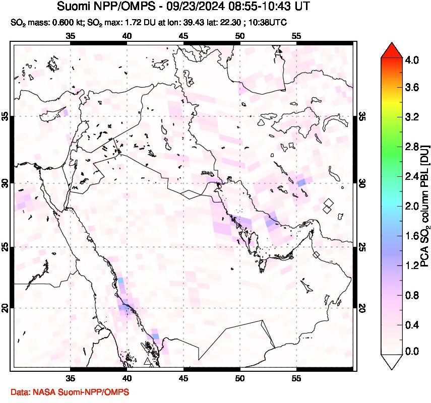 A sulfur dioxide image over Middle East on Sep 23, 2024.