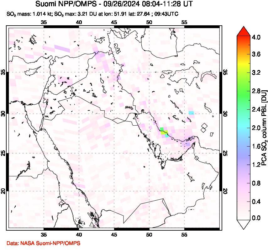 A sulfur dioxide image over Middle East on Sep 26, 2024.