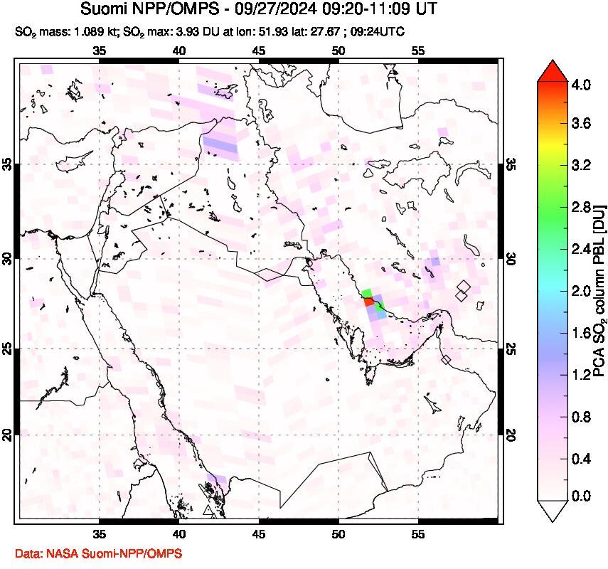 A sulfur dioxide image over Middle East on Sep 27, 2024.