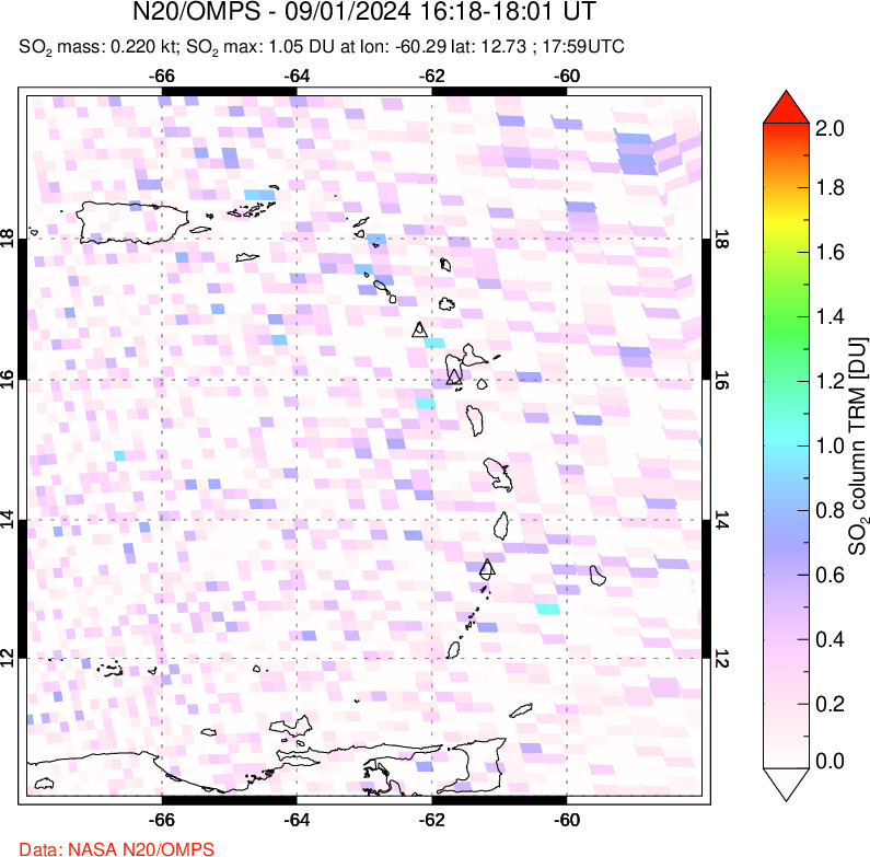 A sulfur dioxide image over Montserrat, West Indies on Sep 01, 2024.