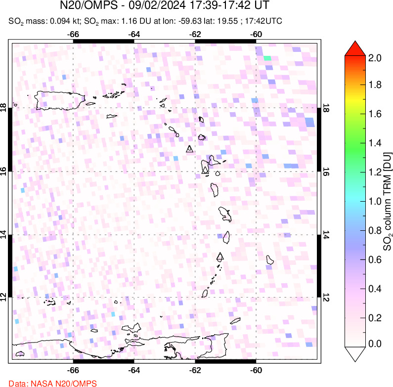 A sulfur dioxide image over Montserrat, West Indies on Sep 02, 2024.