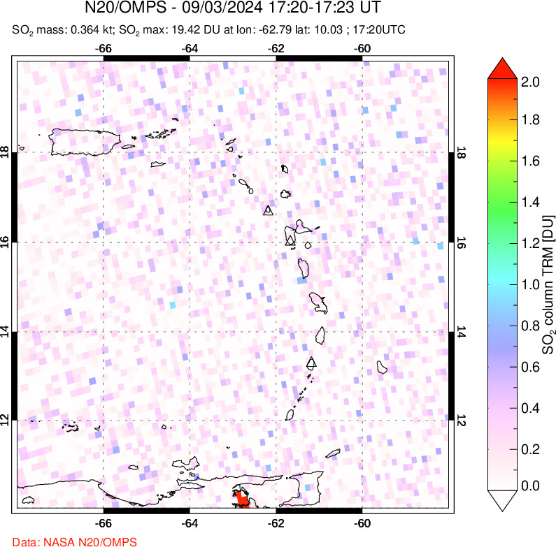 A sulfur dioxide image over Montserrat, West Indies on Sep 03, 2024.