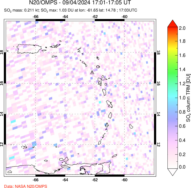 A sulfur dioxide image over Montserrat, West Indies on Sep 04, 2024.