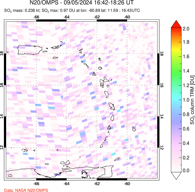 A sulfur dioxide image over Montserrat, West Indies on Sep 05, 2024.