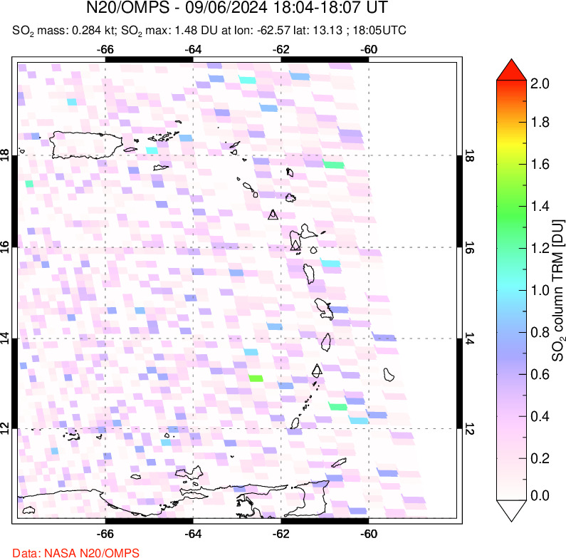 A sulfur dioxide image over Montserrat, West Indies on Sep 06, 2024.