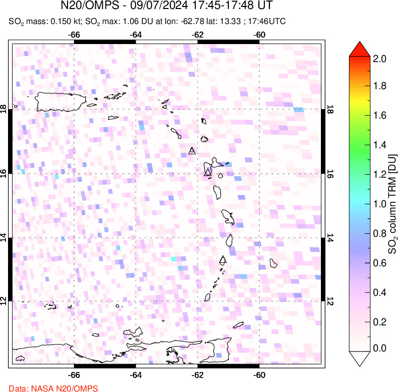 A sulfur dioxide image over Montserrat, West Indies on Sep 07, 2024.