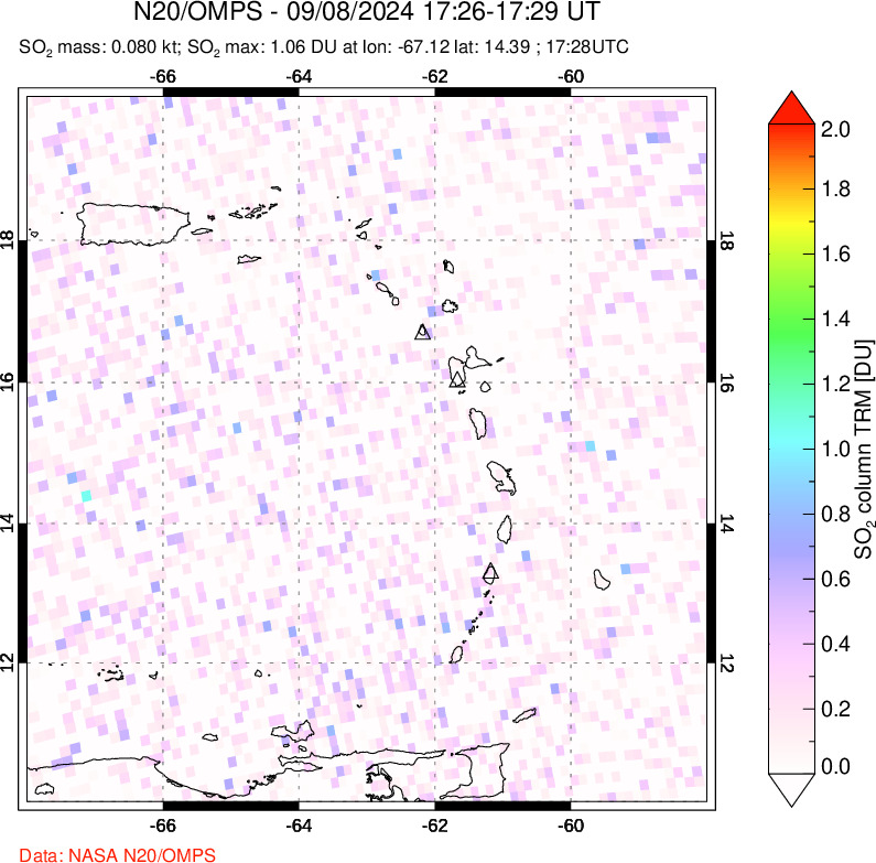 A sulfur dioxide image over Montserrat, West Indies on Sep 08, 2024.