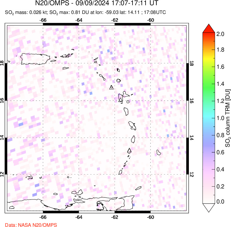 A sulfur dioxide image over Montserrat, West Indies on Sep 09, 2024.