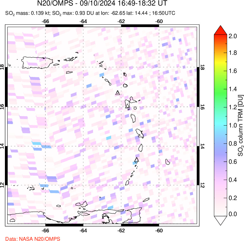 A sulfur dioxide image over Montserrat, West Indies on Sep 10, 2024.