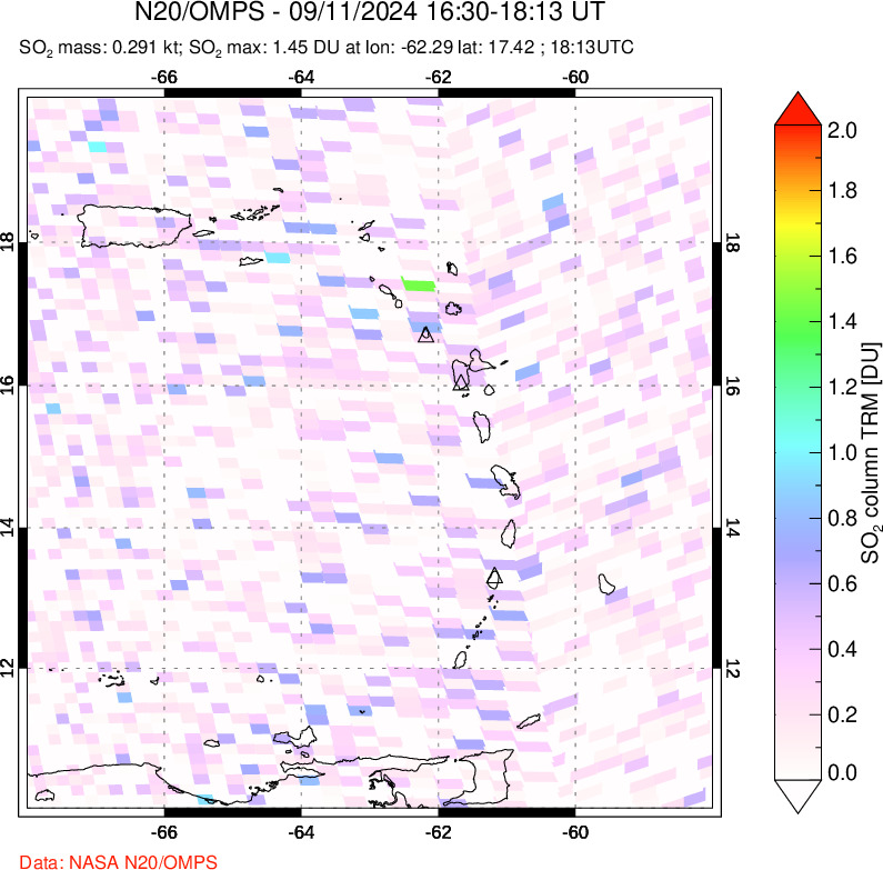 A sulfur dioxide image over Montserrat, West Indies on Sep 11, 2024.