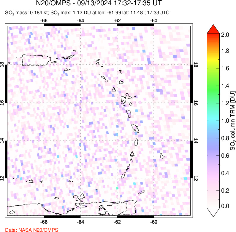 A sulfur dioxide image over Montserrat, West Indies on Sep 13, 2024.