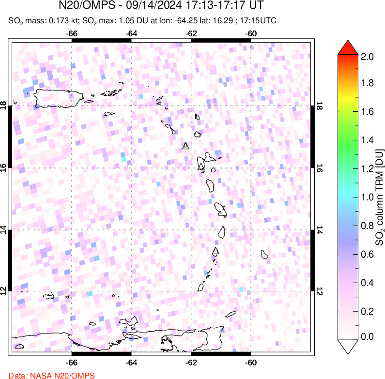 A sulfur dioxide image over Montserrat, West Indies on Sep 14, 2024.