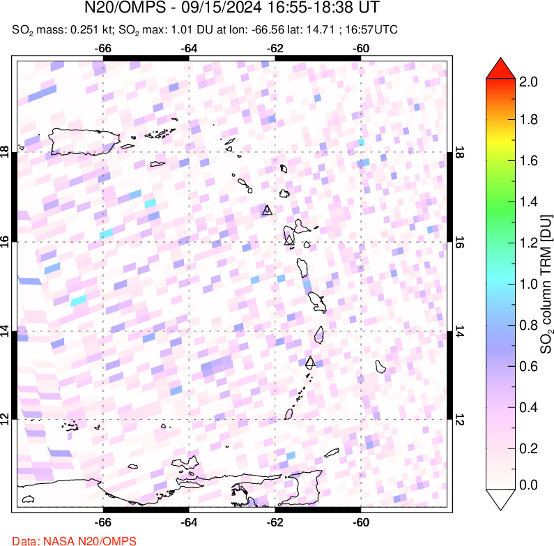 A sulfur dioxide image over Montserrat, West Indies on Sep 15, 2024.