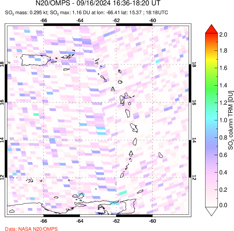 A sulfur dioxide image over Montserrat, West Indies on Sep 16, 2024.