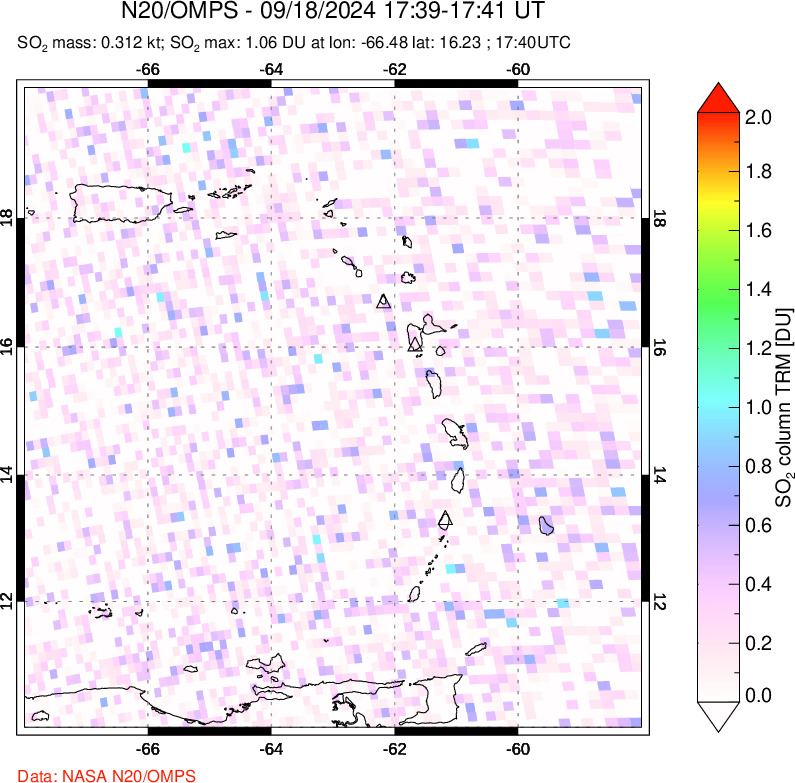 A sulfur dioxide image over Montserrat, West Indies on Sep 18, 2024.