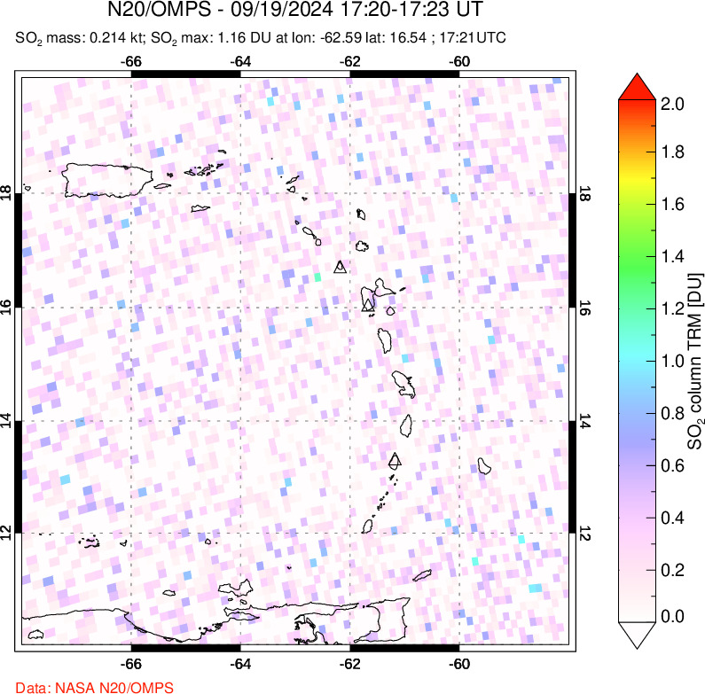 A sulfur dioxide image over Montserrat, West Indies on Sep 19, 2024.