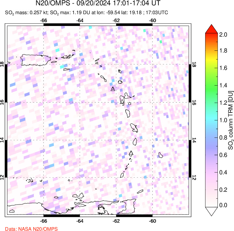 A sulfur dioxide image over Montserrat, West Indies on Sep 20, 2024.