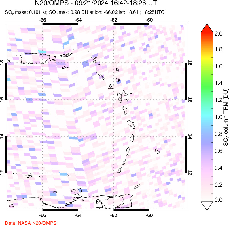 A sulfur dioxide image over Montserrat, West Indies on Sep 21, 2024.