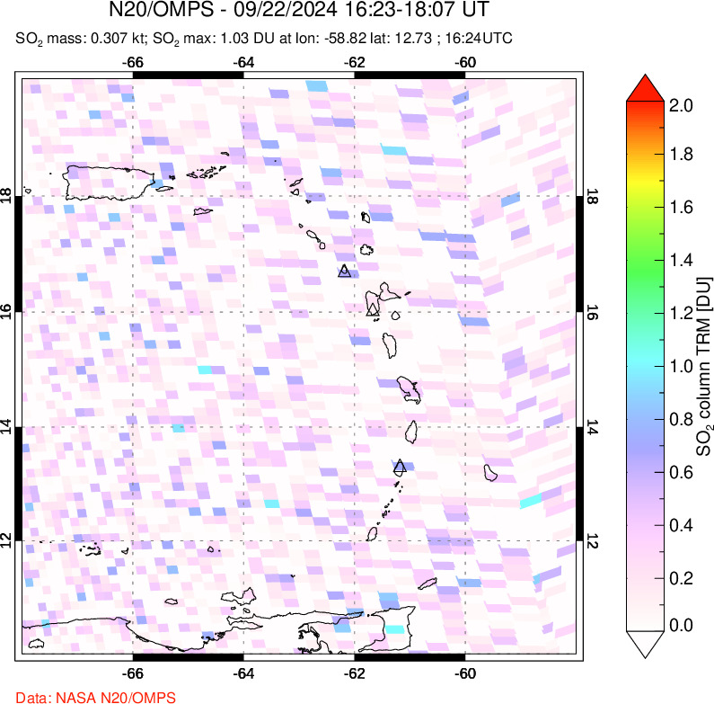 A sulfur dioxide image over Montserrat, West Indies on Sep 22, 2024.