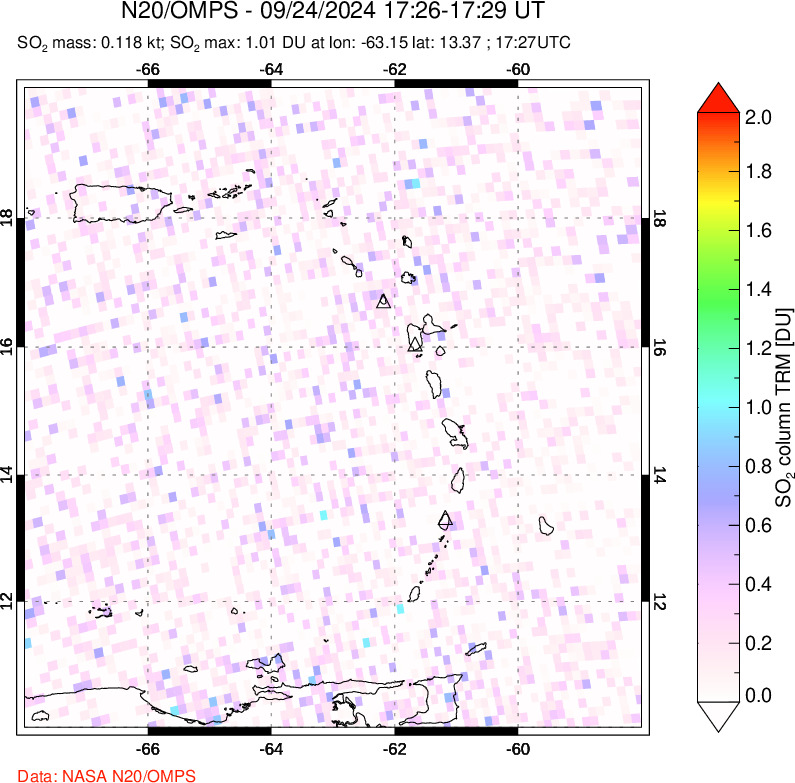 A sulfur dioxide image over Montserrat, West Indies on Sep 24, 2024.