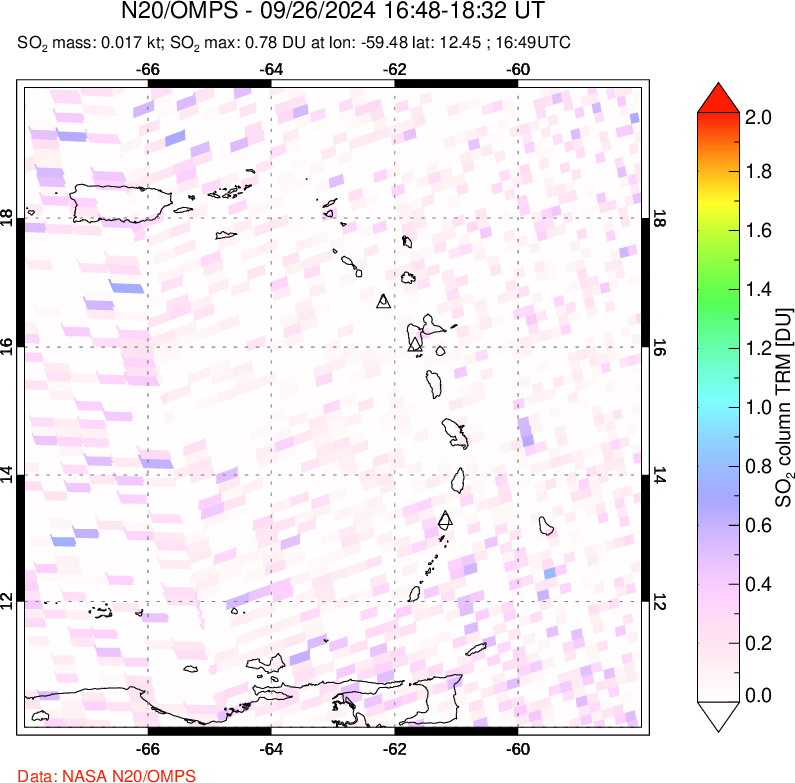 A sulfur dioxide image over Montserrat, West Indies on Sep 26, 2024.