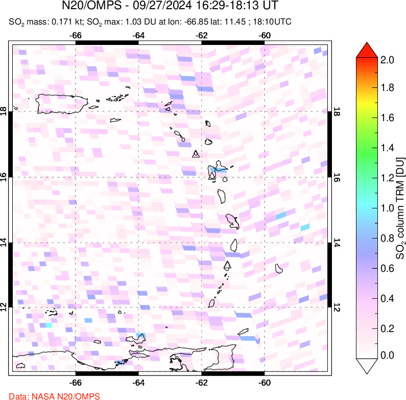 A sulfur dioxide image over Montserrat, West Indies on Sep 27, 2024.