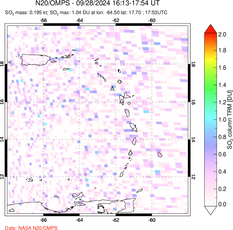 A sulfur dioxide image over Montserrat, West Indies on Sep 28, 2024.