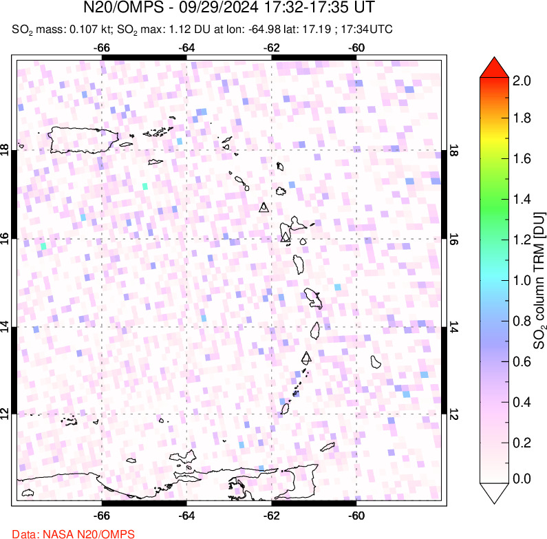 A sulfur dioxide image over Montserrat, West Indies on Sep 29, 2024.