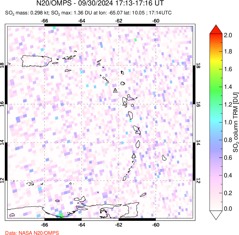 A sulfur dioxide image over Montserrat, West Indies on Sep 30, 2024.