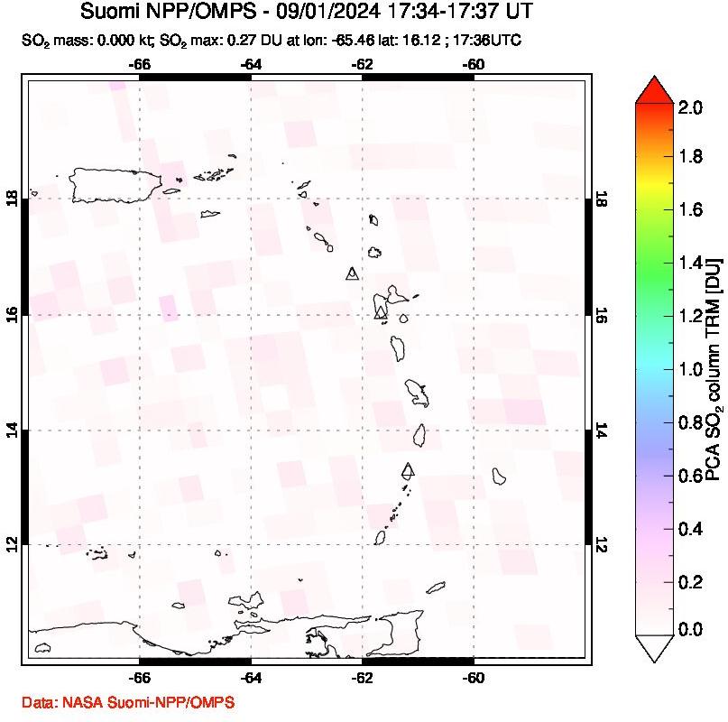 A sulfur dioxide image over Montserrat, West Indies on Sep 01, 2024.