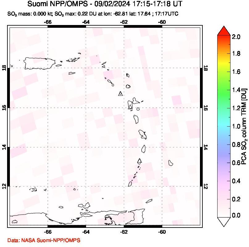 A sulfur dioxide image over Montserrat, West Indies on Sep 02, 2024.