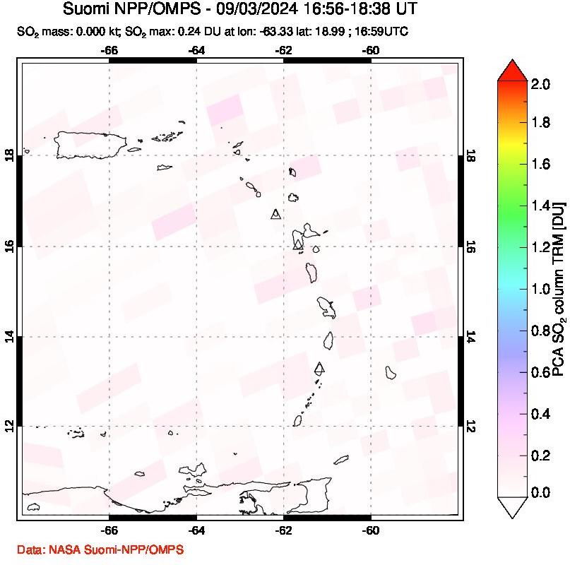 A sulfur dioxide image over Montserrat, West Indies on Sep 03, 2024.