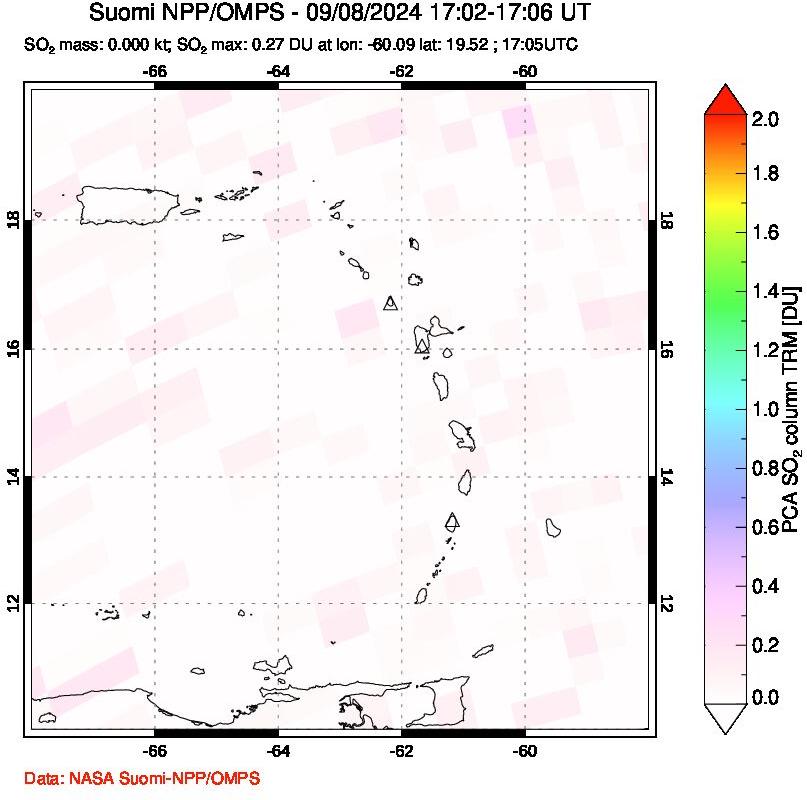 A sulfur dioxide image over Montserrat, West Indies on Sep 08, 2024.