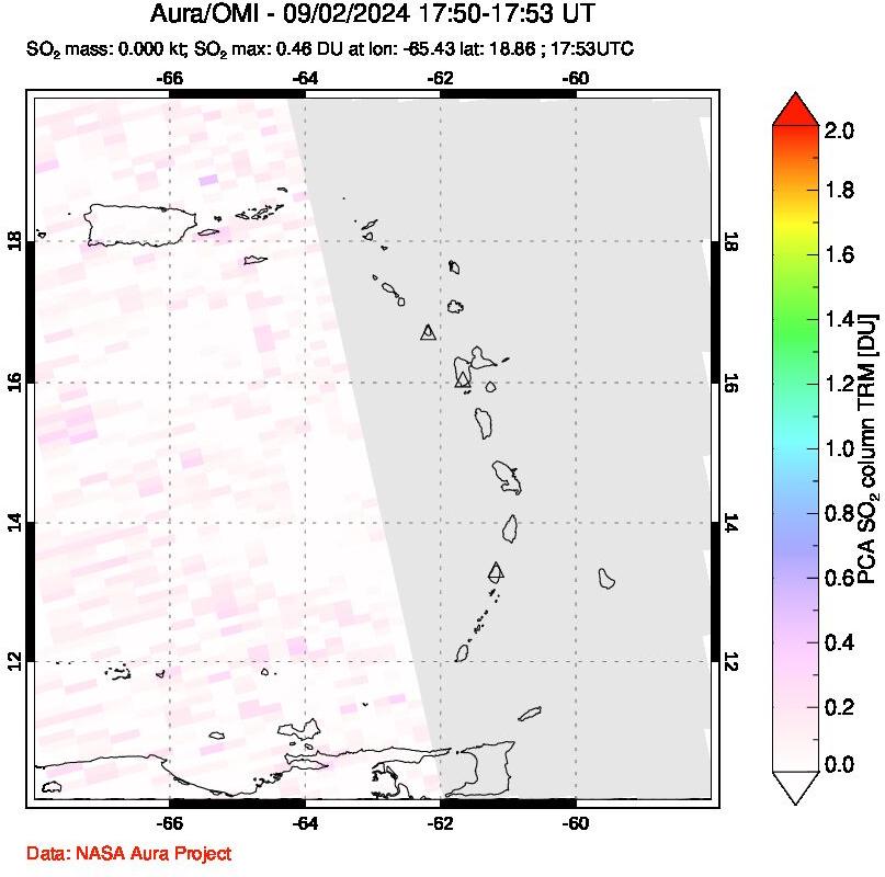 A sulfur dioxide image over Montserrat, West Indies on Sep 02, 2024.