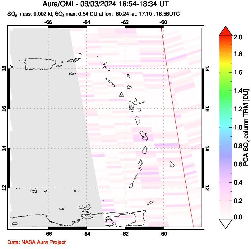 A sulfur dioxide image over Montserrat, West Indies on Sep 03, 2024.