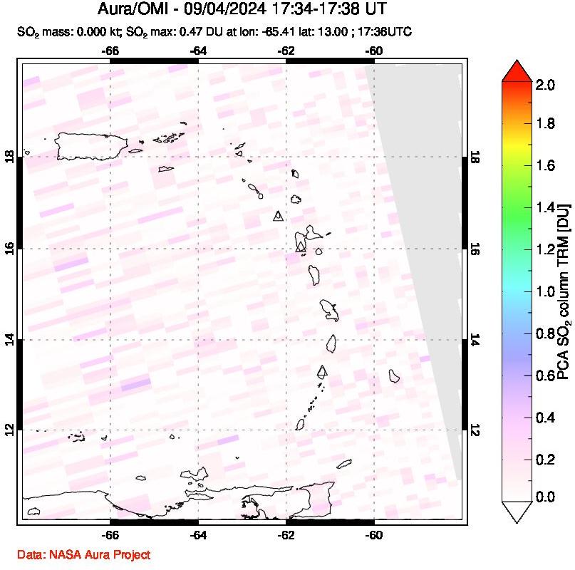 A sulfur dioxide image over Montserrat, West Indies on Sep 04, 2024.